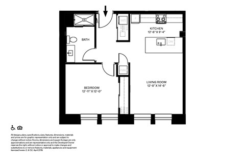 Floor plan for 1 bed, 1 bath, 690 sqft